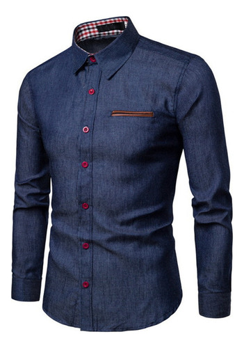 Camisa Casual Hombre Camisa Vaquera Ajustada Bolsillo Cuero