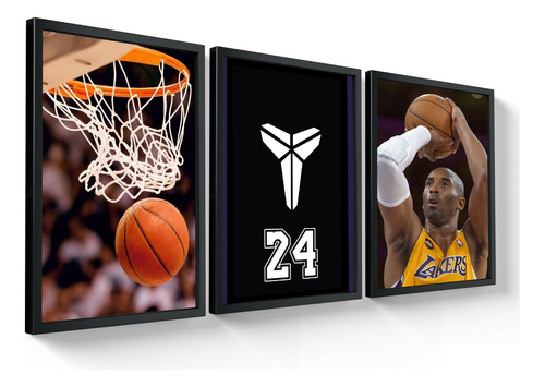 Kit Quadros Kobe Bryant 24 Basquete Cesta Moldura 23x33cm