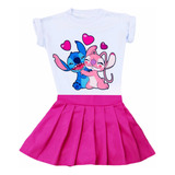 Conjunto Infantil Menina Lilo Stitch Roupa Saia Colegial 