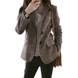 Blazer A Cuadros Con Solapa Y Botonadura Simple Para Mujer