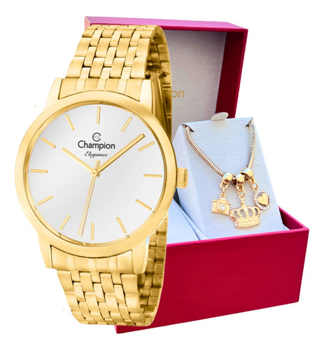 Relógio Champion Feminino Golden Dourado Luxo + Pulseira