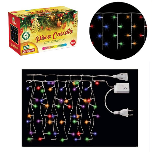 Cascata Pisca Colorido 100 Leds Conector 8 Funções