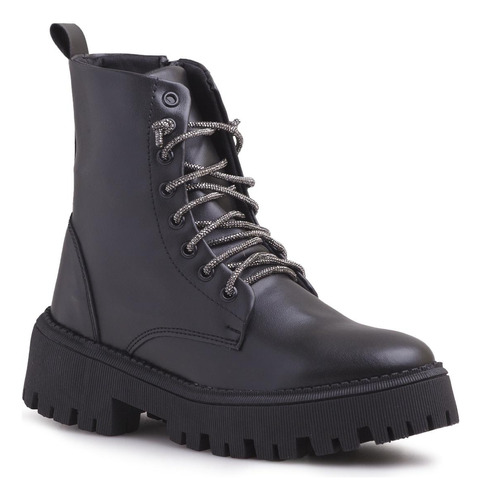 Bota Coturno Feminino Preto Solado Tratorado Cadarço Strass