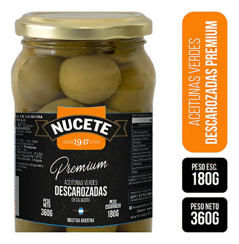 Aceitunas Verdes Premium Descarozadas Nucete Frasco 360 Gr