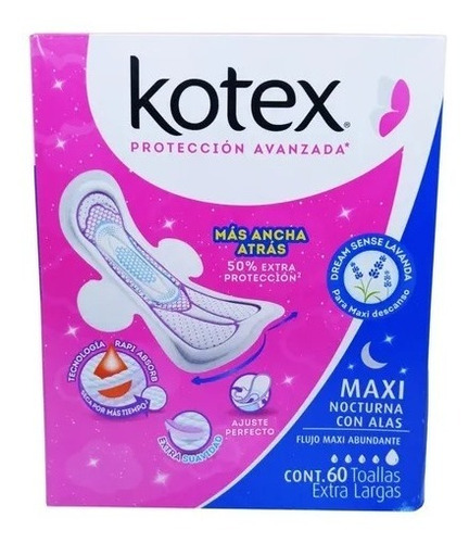 Toallas Femeninas Kotex® Maxi Nocturna Con Alas 60 Pzs