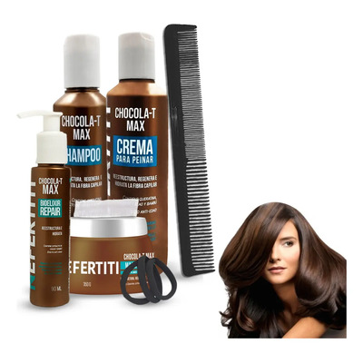 Kit Chocolat Max Para Cabello Seco Dañado y Procesado con Queratina - Shampoo Mascarilla Crema y Bioelixir NEFERTITI + Peine Gorro de Baño y Ligas ALFAMAR - Repara Hidrata y Nutre | Meses sin interés