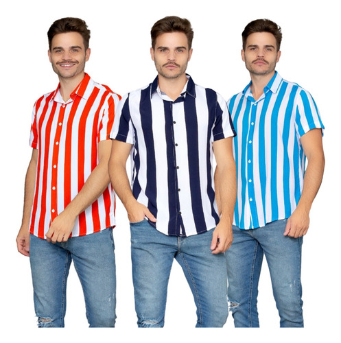 Kit 3 Camisas Sociais Masculina Manga Curta Viscose Leve