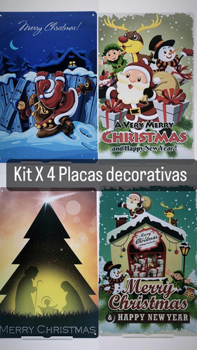 Kit X4 Placas Navidad Posters Decorativos