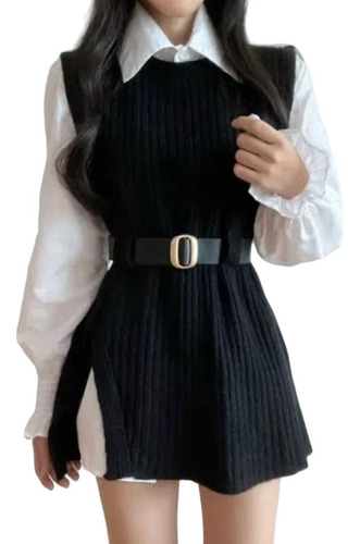Kit Camisa Feminina + Colete Tricot Moda Outono Inverno Luxo