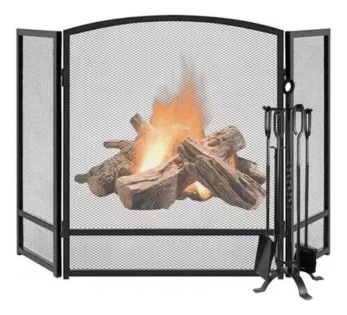 Pantalla P/ Chimenea Hierro Forjado 3 Panel C/ 5 Herramiento