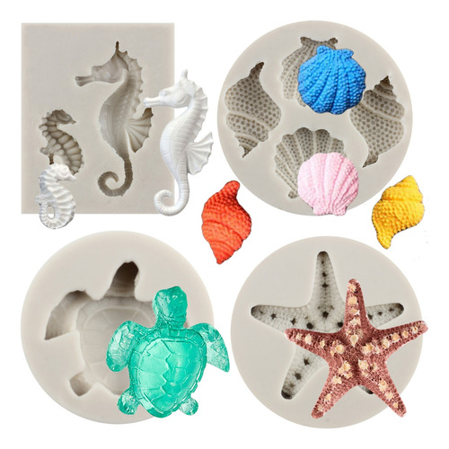 4pcs Molde Silicona Caballito De Mar Concha Tortuga Fondant