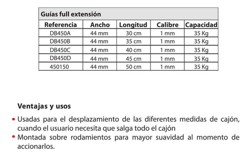Guía Cajón X2 Full Extension 35kg 1.0mmx44mmx45cm Db450d Dis