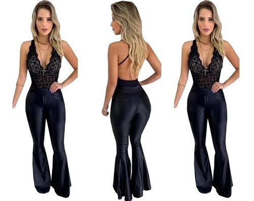  Conjunto Feminino Calça Cirre Flare Body Renda Decotado    