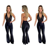  Conjunto Feminino Calça Cirre Flare Body Renda Decotado    