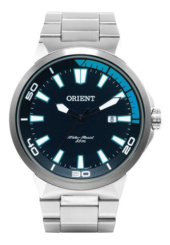 Relógio De Pulso Orient Mbss1196a Com Corria De Aço Cor Prateado - Fondo Preto/azul