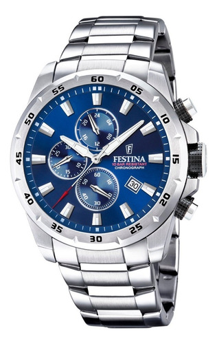 Reloj De Pulsera Festina Chrono Sport F20463 De Cuerpo Color Plateado, Analógico, Para Hombre, Fondo Azul, Con Correa De Acero Inoxidable Color Plateado, Agujas Color Plateado, Blanco Y Rojo, Dial Pla