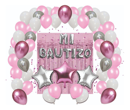 Kit Decoración Globos Metálicos Y Cortina Para Bautizo