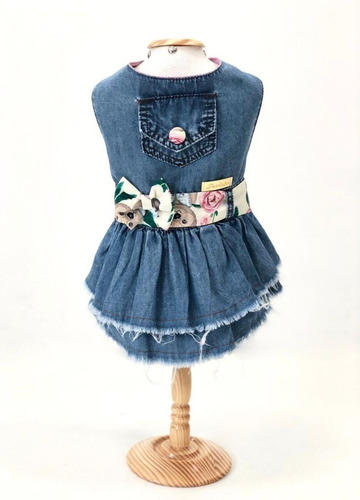 Roupa Pet Vestido Jeans Com Babado Para Cão E Gato