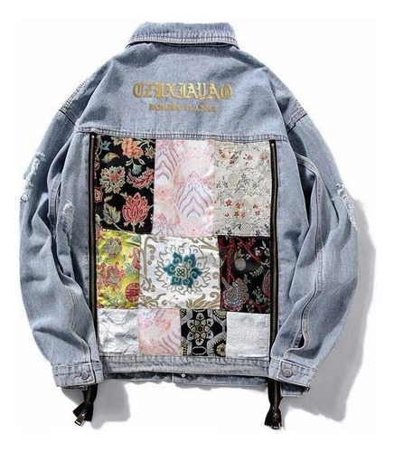 Chaqueta Japonesa Bordado Denim Moda Floral Empalme Moda Out