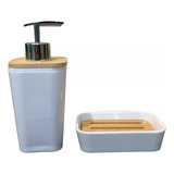 Kit De Baño Set Dispenser + Jabonera Plástico Y Bambú