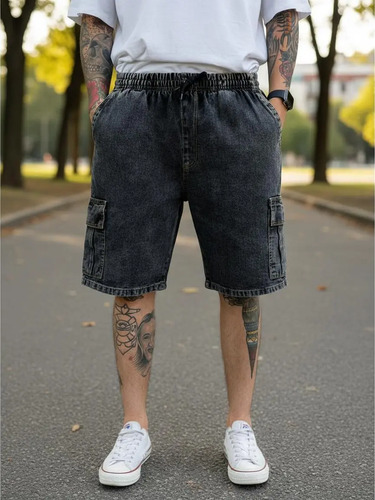 Shorts Jeans Cargo Grafite Estonado Mauricinho Cós Elástico | MercadoLivre