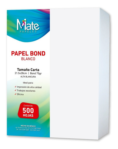 Mate | Papel Bond 75 G | Tamaño Carta | 500 Hojas