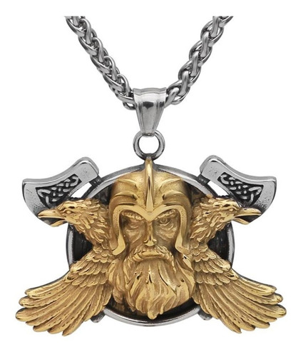 Collar Dije Odin Cuervo Vikingo Acero Color Plata/oro Hombre