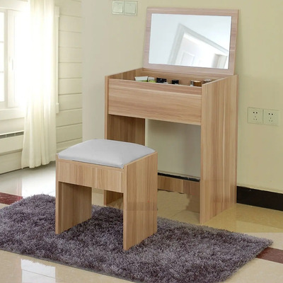 Tocador Con Espejo Vanity Mesa Escritorio Multiusos Simil Madera Roble Con Cajon Interno Y Banco Con Cojin Color Beige