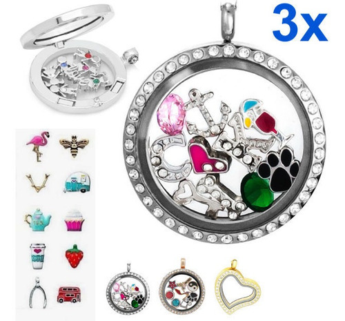 3 Relicarios Lockets + 24 Charms Dijes C/ Cadena Liquidación