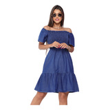 Vestido Jeans Feminino Com Detalhes De Lastex Manga Curta