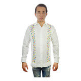 Guayabera De Lino Manga Larga Bordada Yucateca Mariposa