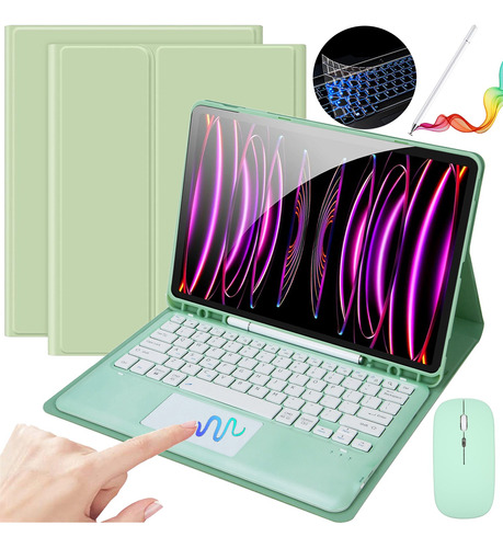 Funda C/teclado Mouse+lápiz P/iPad Pro 12.9 2021 Verde Claro