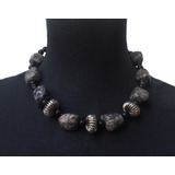 Csr0208 Collar Corto Piedra Jaspe Fosil, Onix Negro