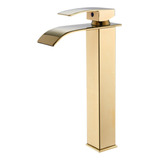 Torneira Banheiro Monocomando Dourada Cascata Lavabo Alta Acabamento Brilhante Cor Dourado