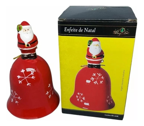 Enfeite De Natal Sino Natalino Com Papai Noel Cerâmica 15cm