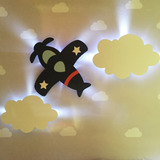 Kit Nuvens Com Led E Avião Quadro Decorativo Luminária Bebe 