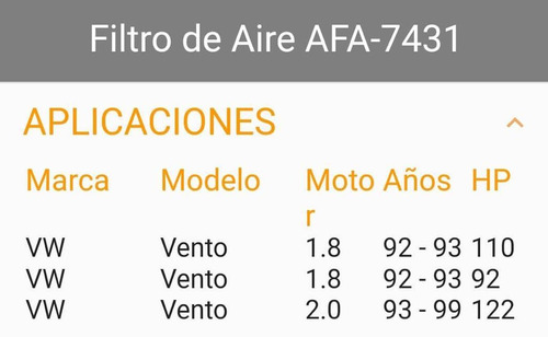 Filtro De Aire Motor Vw Vento 1.8/2.0 92/99 7431 Foto 5