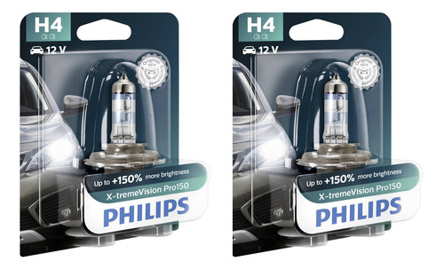 Kit 2 Lampara H4 Philips Xtreme Vision Pro +150% 12v 60/55w