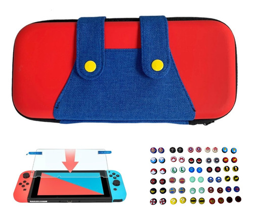 Estuche Rigido De Mario Overol+ Vidrio + Grips Para N Switch