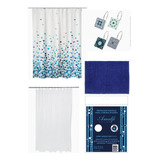 Cortina Baño Tela + Protector + Ganchos +alfombra Magic Blue