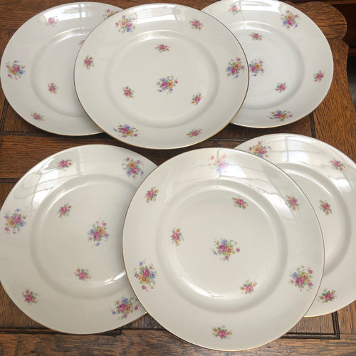 Juego 6 Platos Playos Porcelana Shabby Florcitas Y Oro