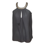 Blusa Negra,gasa Georgette, Cuello Con Dorado, Talla S