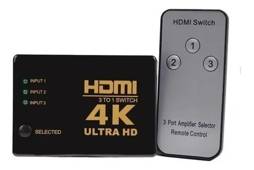 Chave Seletora Switch Hdmi 3 Ent 1 Saída E Controle 4k