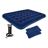 Colchon Inflable 2 Plazas Con Almohadas + Inflador Portátil Color Azul