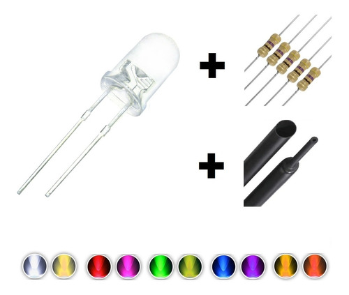 Kit 50x Led 5mm Alto Brilho +espaguete + Resistor 5v 12v 24v