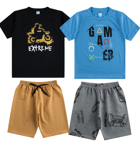 Kit 4 Peças Roupa Juvenil Masculina Com 2 Blusas E 2 Shorts