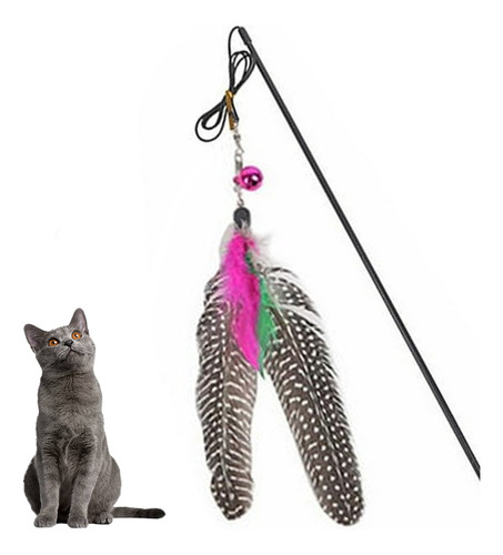 Juguete Interactivo Para Gatos Vara Forma De Caña De Pescar Color Negro Con Plumas