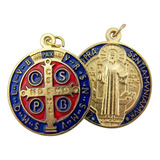 Colgante De Medalla De San Benito Con Esmalte Rojo Y Azul En