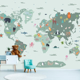 Painel Adesivo Papel Parede Mapa Mundi Safári Verde Baby M²