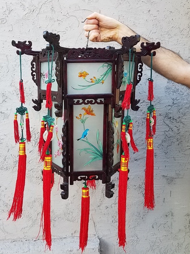 Antigua Lampara Colgante Tradicional China Pintada Mano 50cm